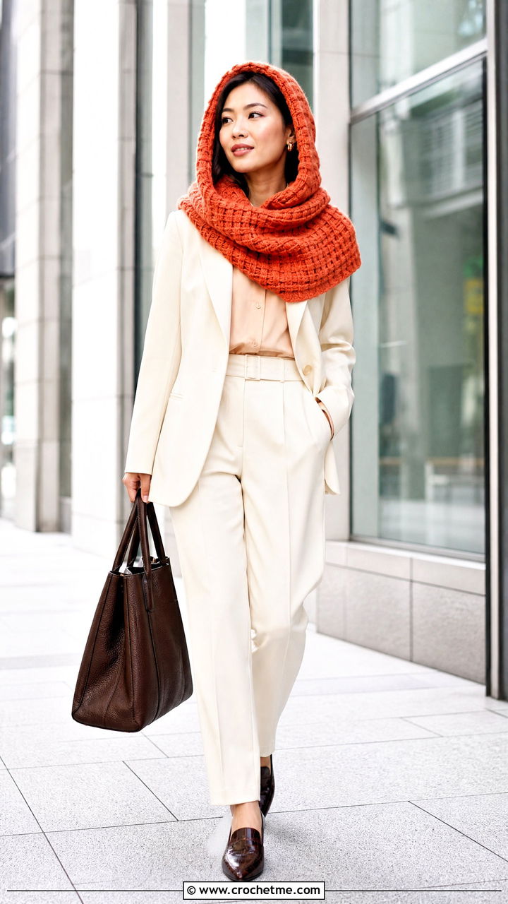 Basketweave Crochet Hooded Cowl With Trouser Suit - 35 crochet hooded cowl outfit ideas