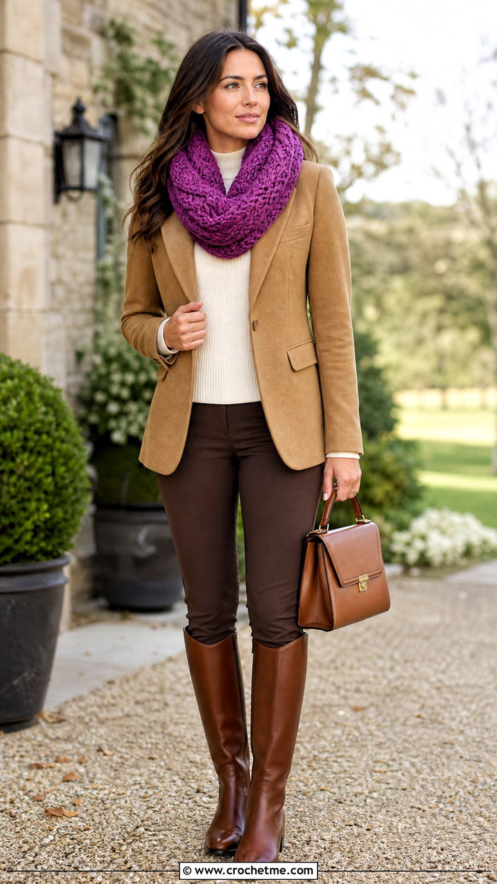 Basketweave Crochet Infinity Scarf With Equestrian Outfit - 35 crochet infinity scarf outfit ideas