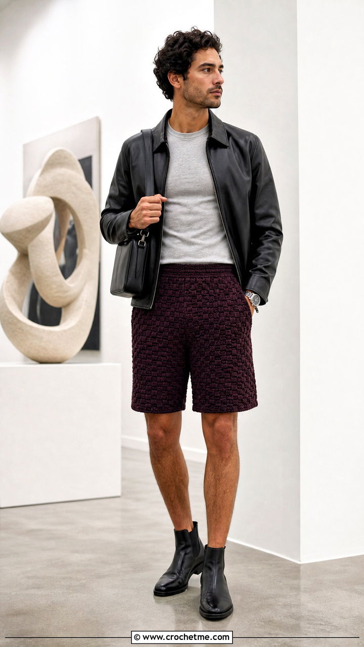 Basketweave Crochet Mens Shorts With Leather Jacket - 35 Crochet Mens Shorts outfit ideas
