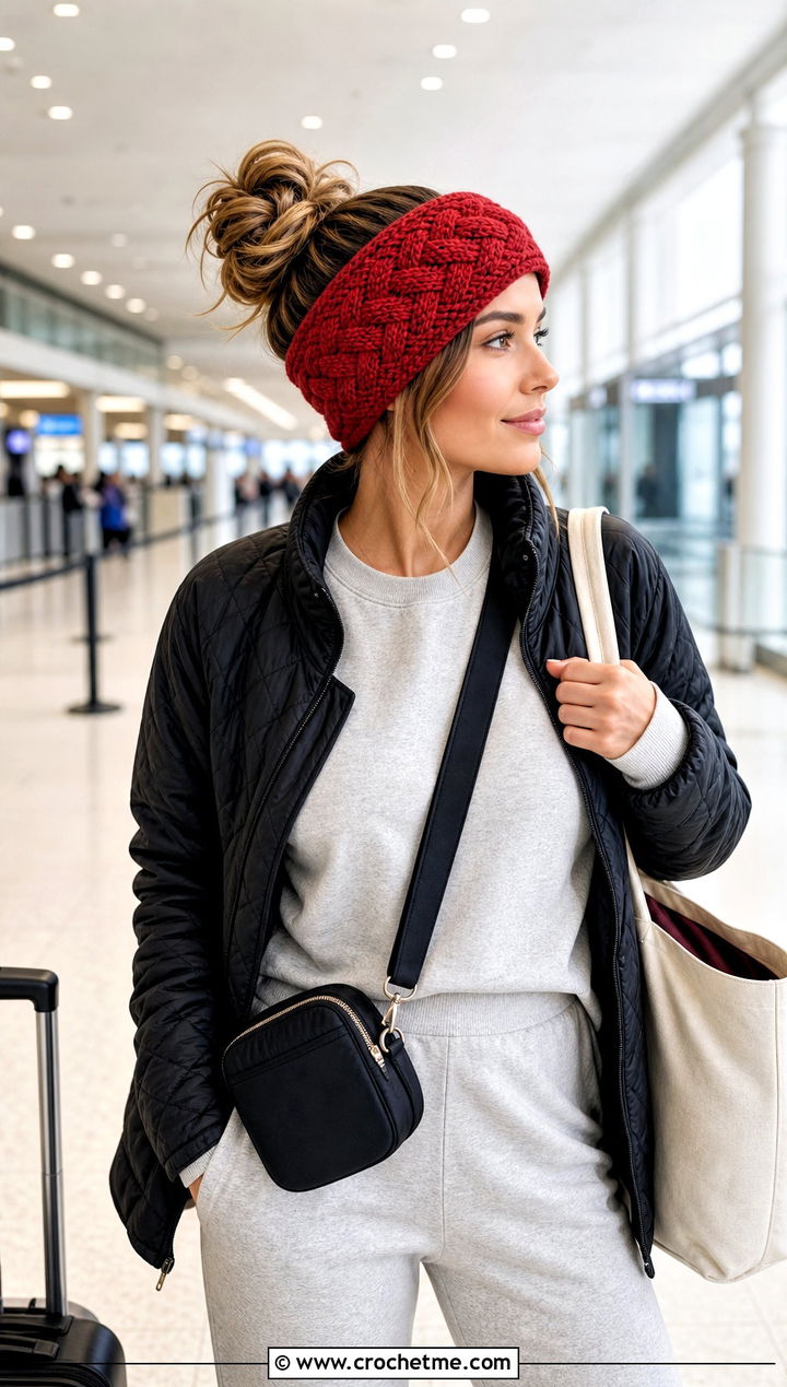 Basketweave Crochet Messy Bun Ear Warmer With Travel Outfit - 20 Crochet Messy Bun Ear Warmer outfit ideas