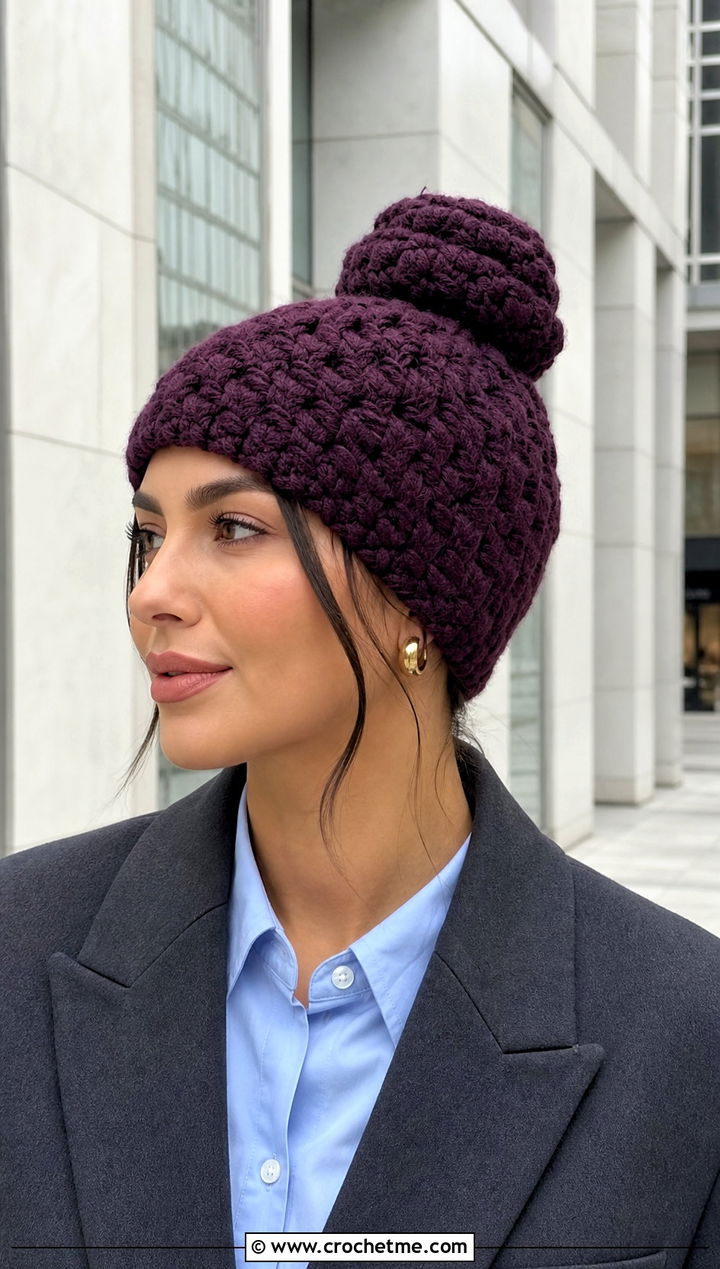 Basketweave Crochet Messy Bun Hat With Blazer - 20 Crochet Messy Bun Hat Bulky Yarn outfit ideas