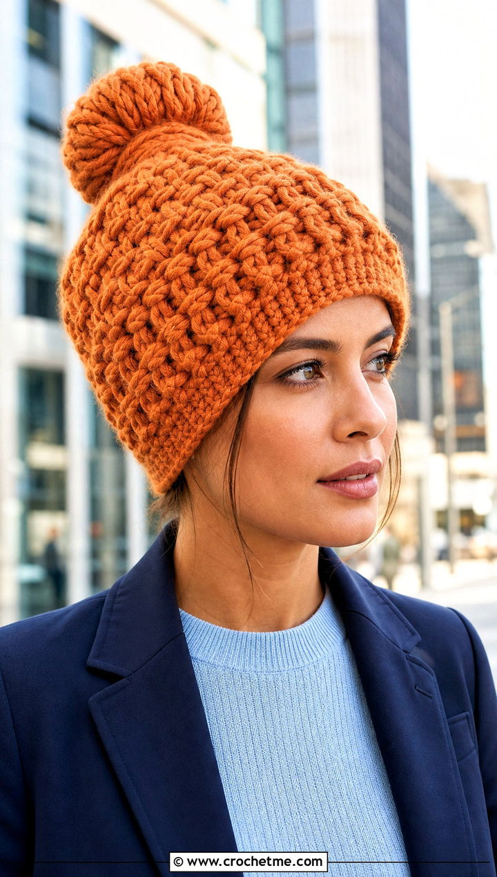 Basketweave Crochet Messy Bun Hat With Blazer - 15 Easy Crochet Messy Bun Hat outfit ideas