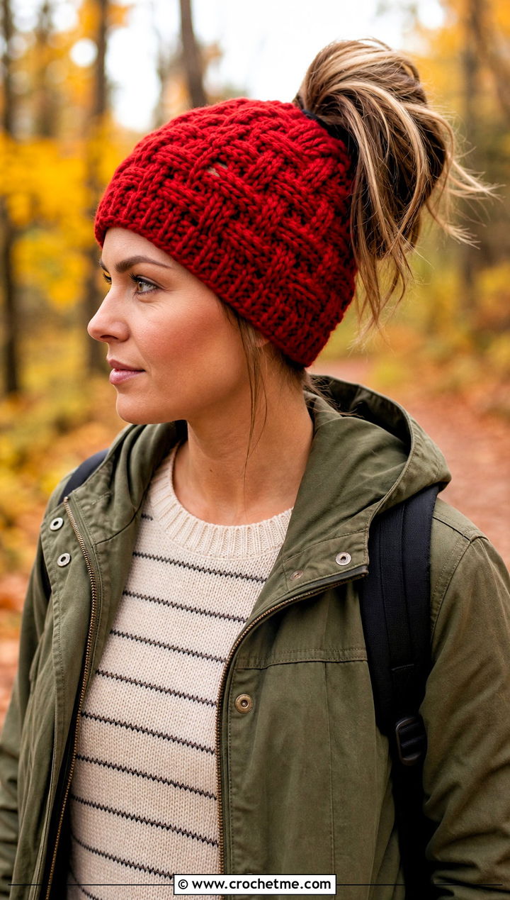 Basketweave Crochet Messy Bun Hat With Elastic And Utility Jacket - 25 Crochet Messy Bun Hat With Elastic outfit ideas