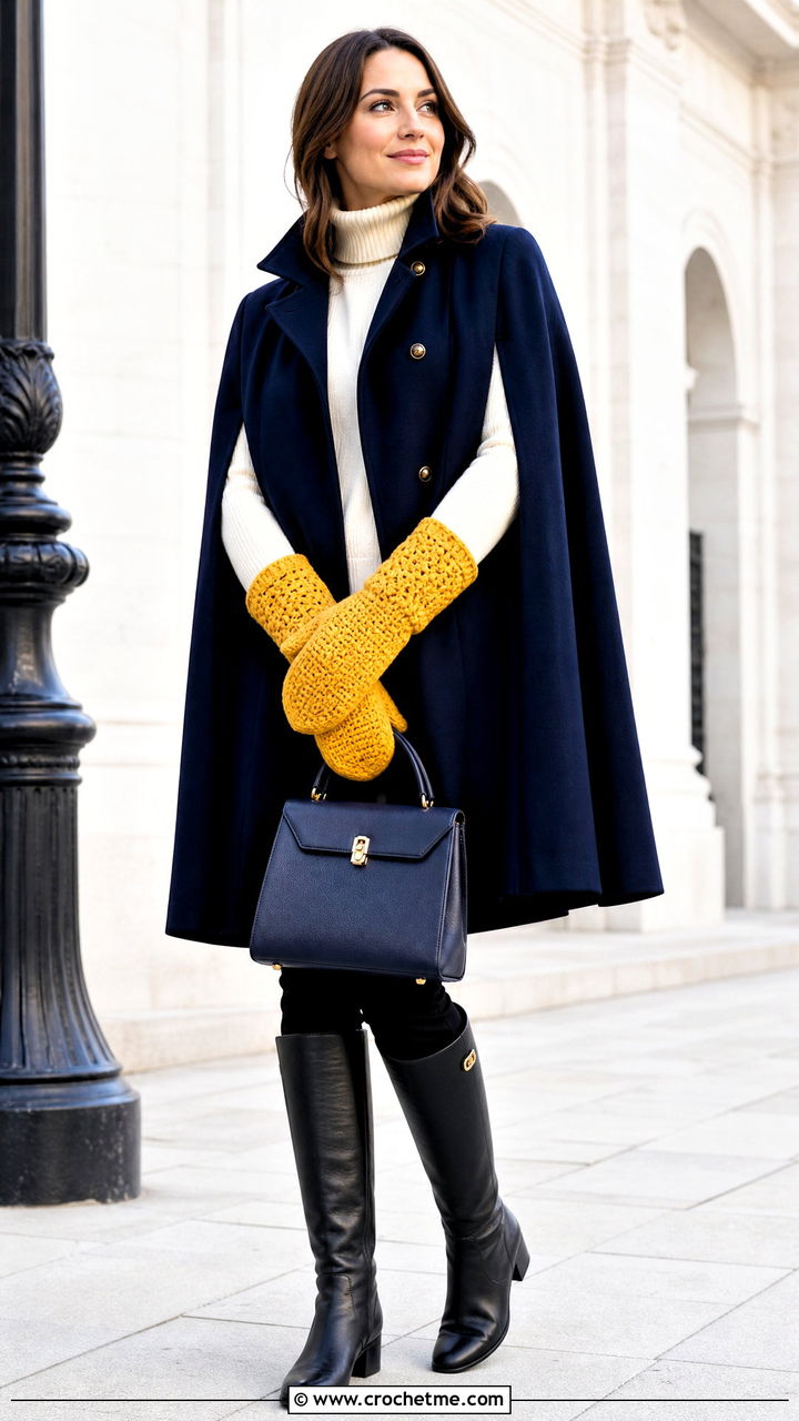 Basketweave Crochet Mittens With Cape Coat - 35 crochet mittens outfit ideas