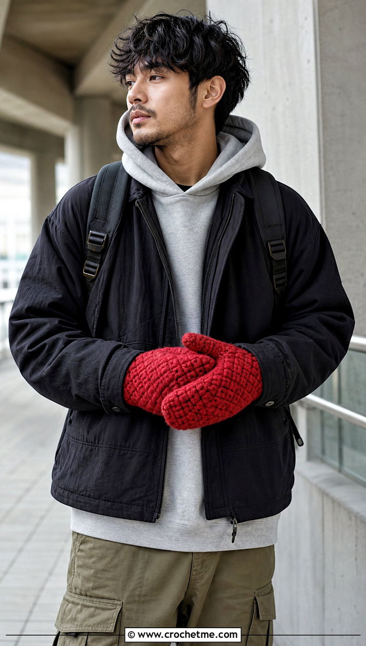 Basketweave Crochet Mittens With Hoodie And Cargo Pants - 25 Mens Crochet Mittens outfit ideas