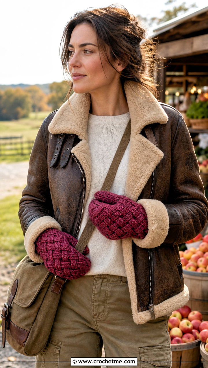 Basketweave Crochet Mittens With Shearling Jacket - 25 cute crochet mittens outfit ideas