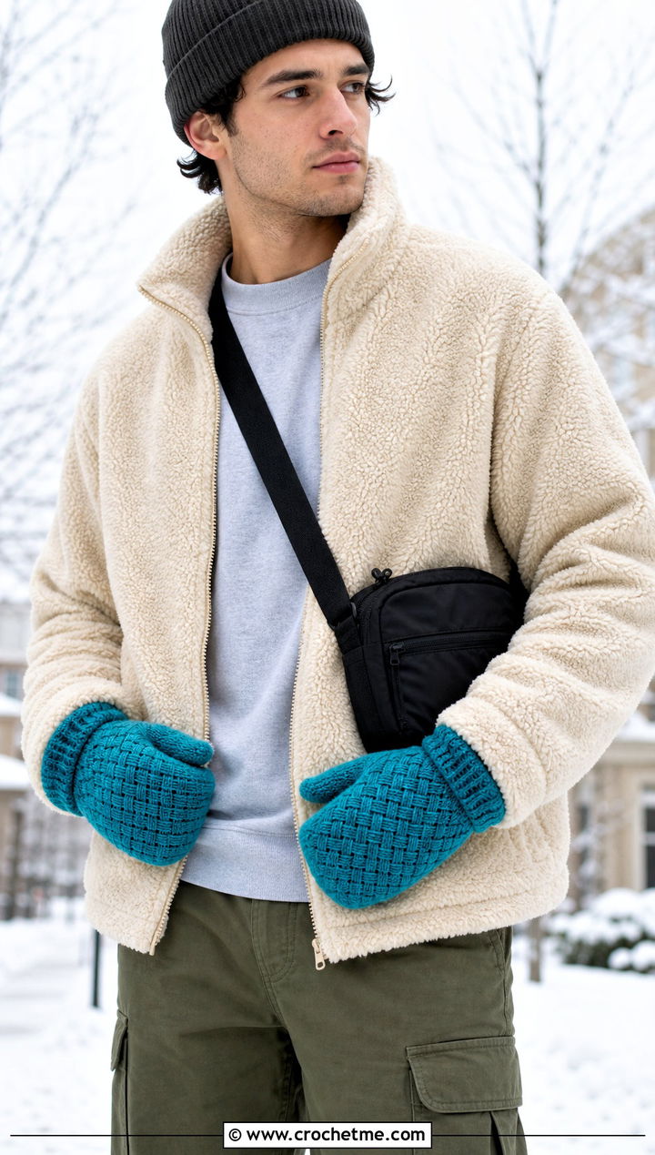 Basketweave Crochet Mittens With Teddy Jacket - 25 Crochet Mens Mittens outfit ideas