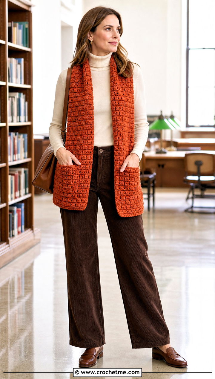 Basketweave Crochet Pocket Scarf With Corduroy Pants - 25 Crochet Pocket Scarf Shawl outfit ideas