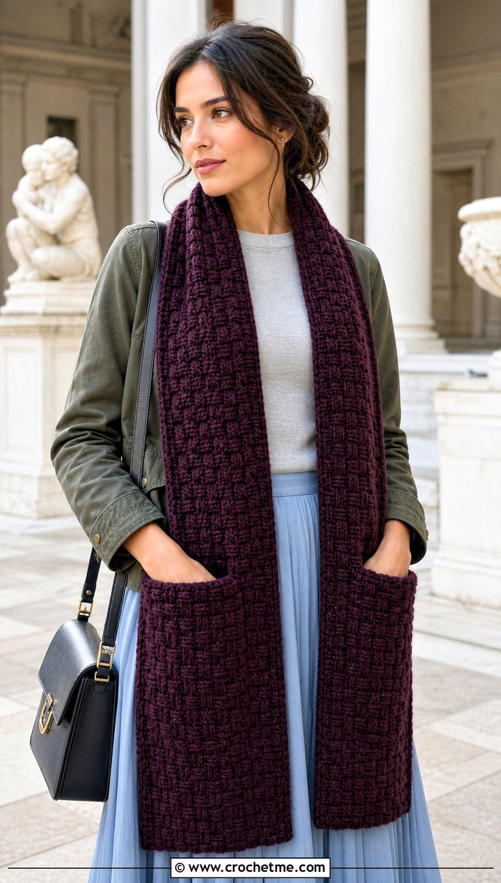 Basketweave Crochet Pocket Scarf With Pleated Skirt - 15 Crochet Scarf With Hand Pockets outfit ideas