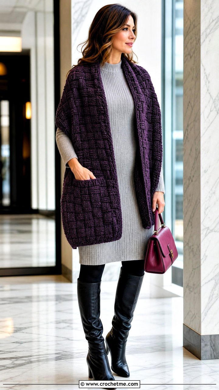 Basketweave Crochet Pocket Shawl With Sweater Dress - 35 crochet pocket shawl outfit ideas