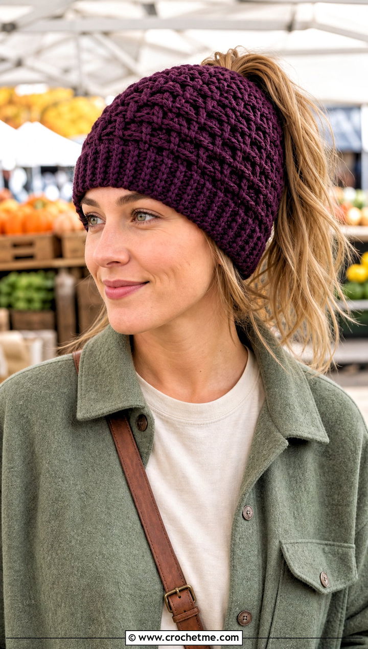 Basketweave Crochet Ponytail Beanie With Shacket - 20 Crochet Ponytail Beanie outfit ideas
