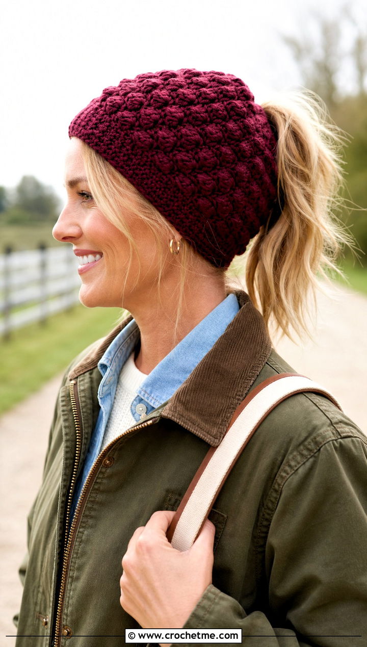 Basketweave Crochet Ponytail Hat With Barn Jacket - 20 easy crochet ponytail hat outfit ideas