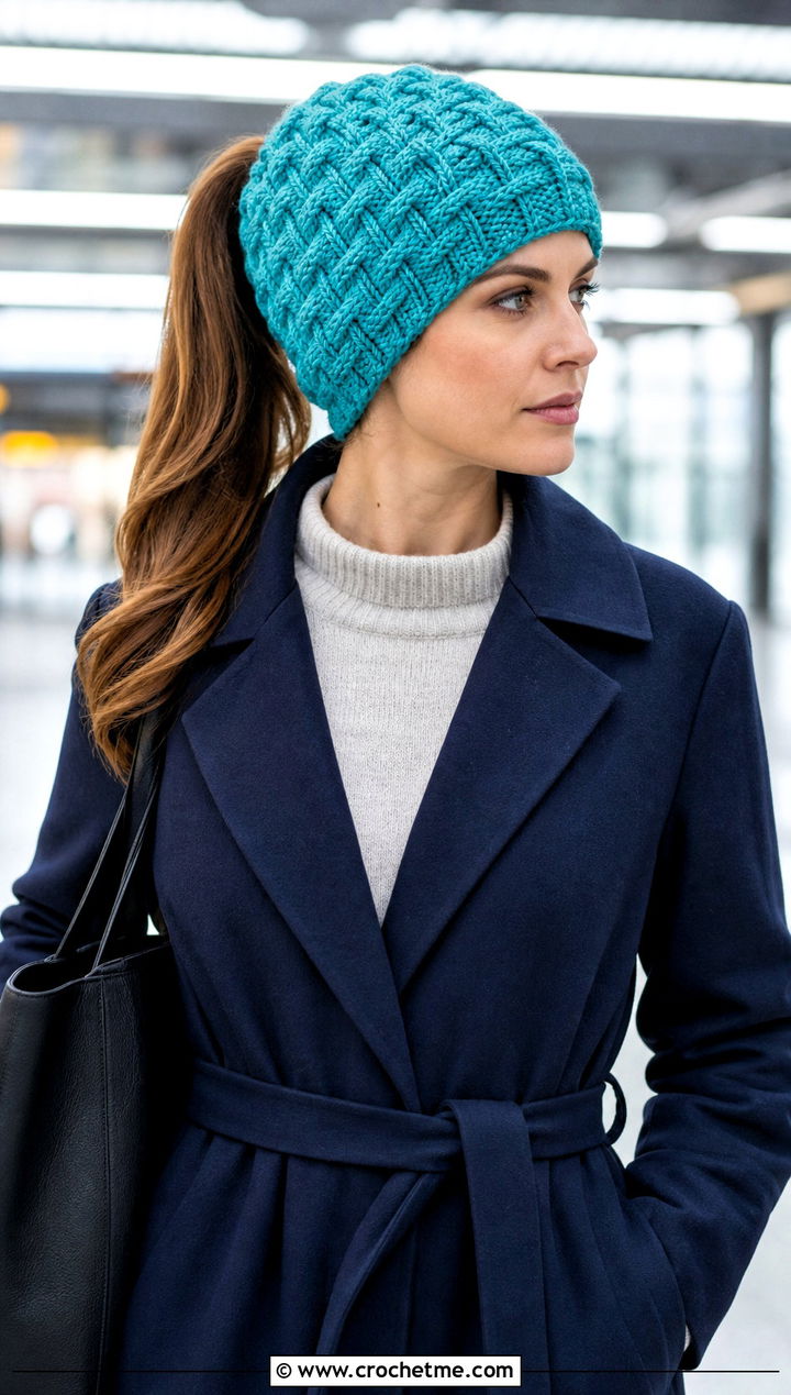 Basketweave Crochet Ponytail Hat With Tailored Trousers - 30 crochet hat with ponytail hole outfit ideas