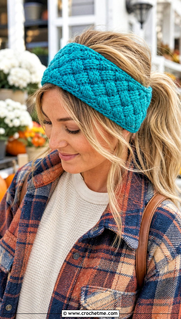 Basketweave Crochet Ponytail Headband With Shacket - 25 crochet headband with ponytail hole outfit ideas