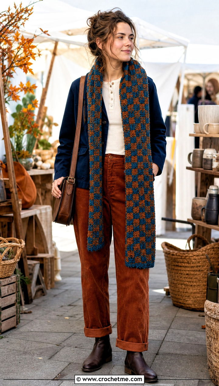 Basketweave Crochet Ravenclaw Scarf With Corduroy Pants - 35 crochet ravenclaw scarf outfit ideas