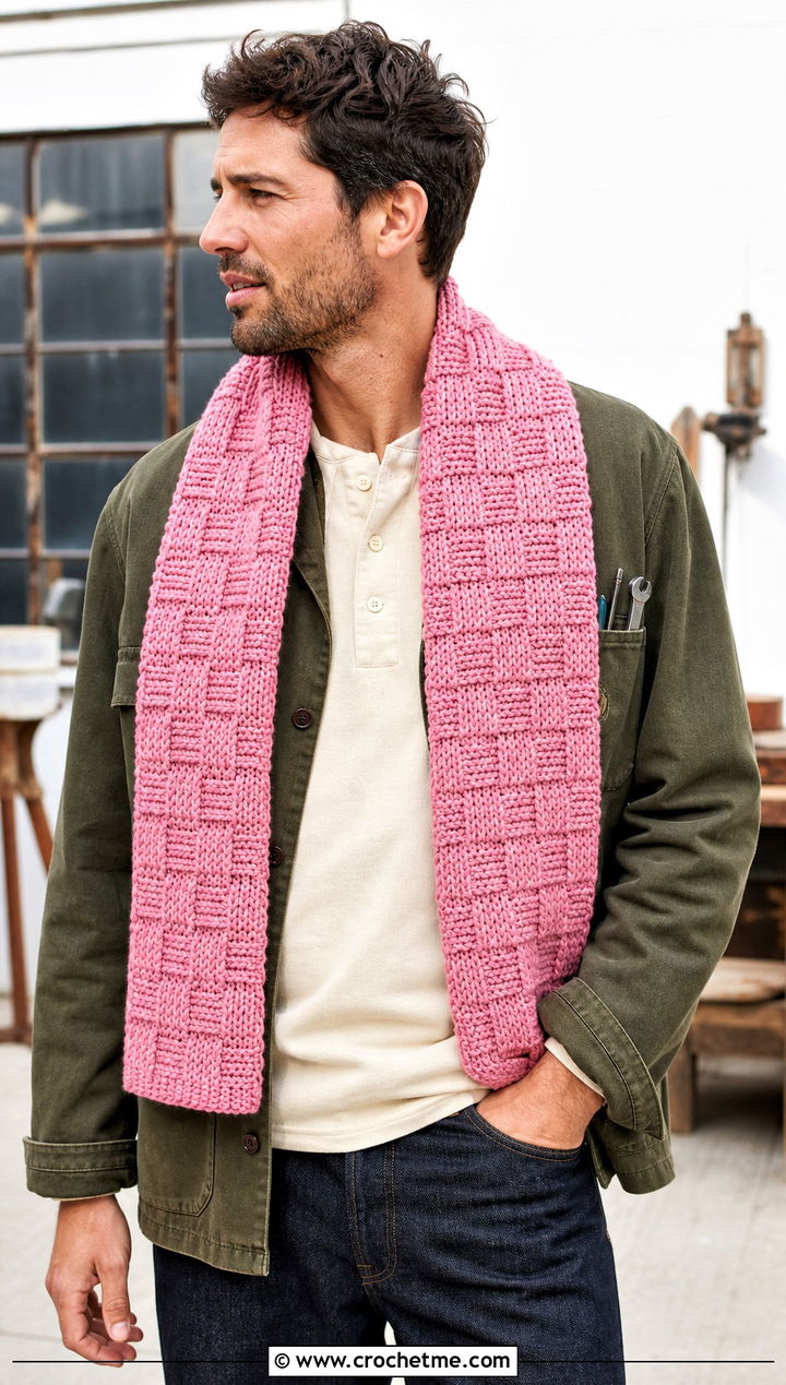Basketweave Crochet Scarf With Chore Coat - 15 crochet stitch for mens scarf outfit ideas