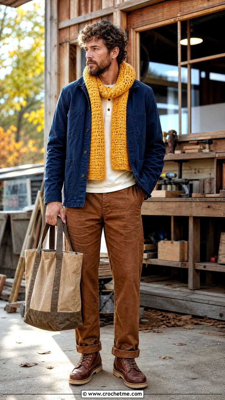 Basketweave Crochet Scarf With Chore Coat - 35 men's crochet scarf outfit ideas