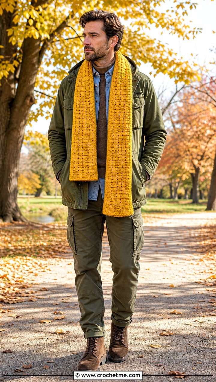 Basketweave Crochet Scarf With Field Jacket - 35 men crochet scarf outfit ideas