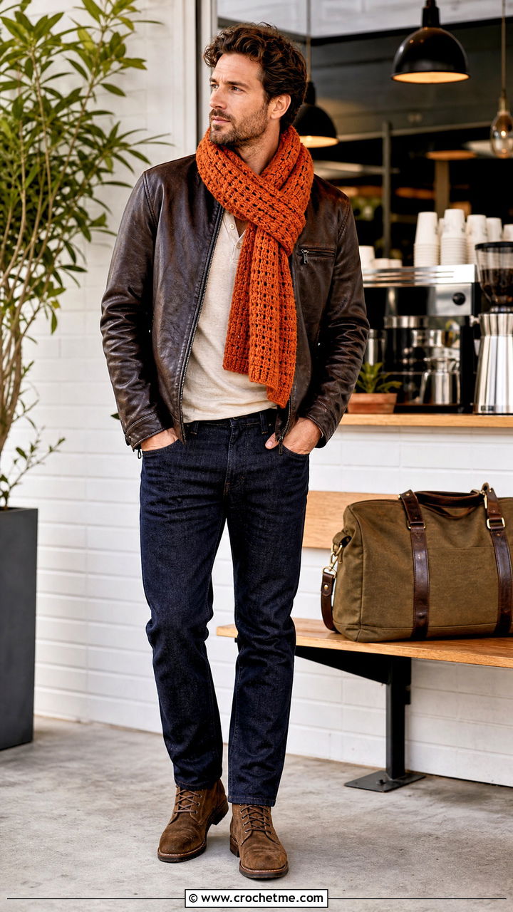 Basketweave Crochet Scarf With Leather Jacket - 35 crochet scarf for men outfit ideas
