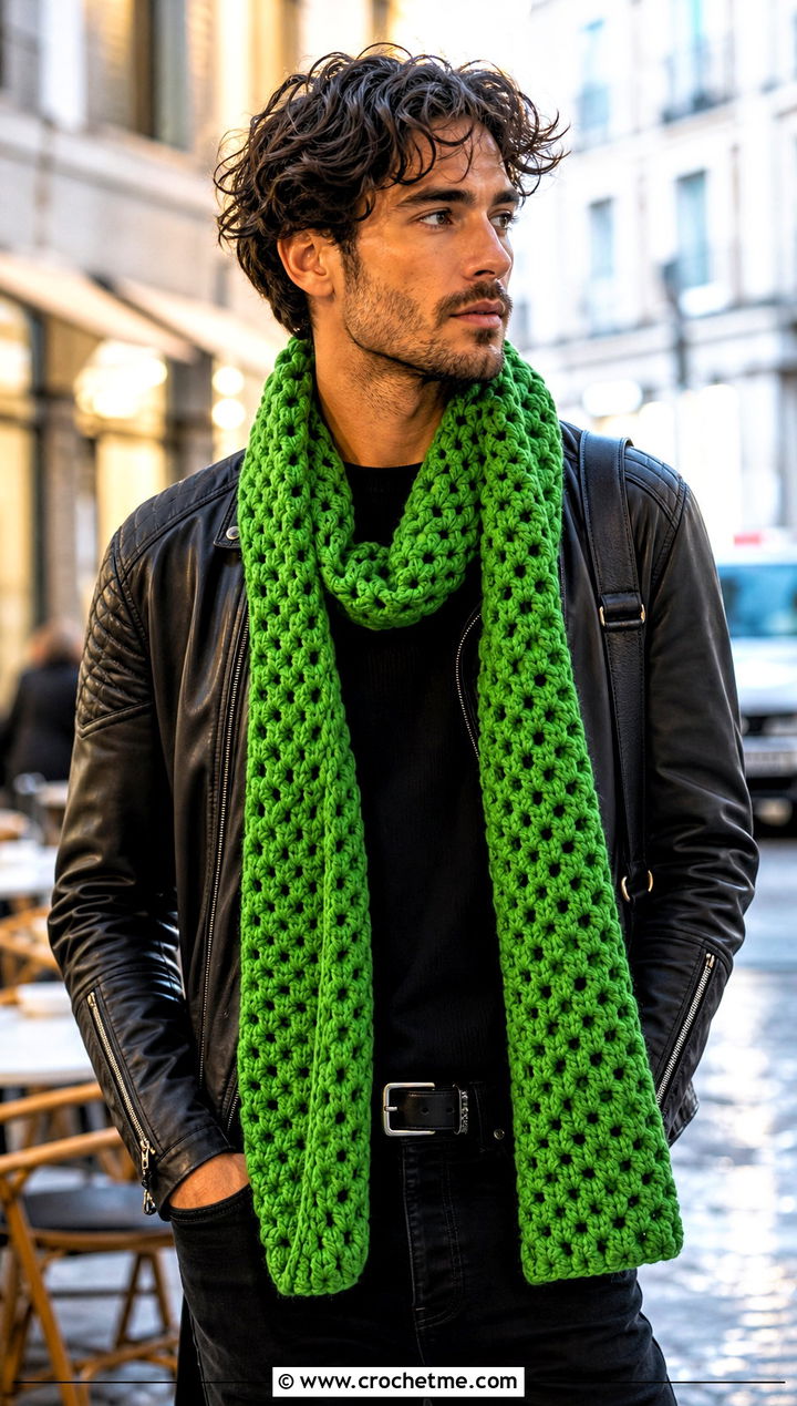 Basketweave Crochet Scarf With Leather Jacket - 30 male crochet scarf outfit ideas