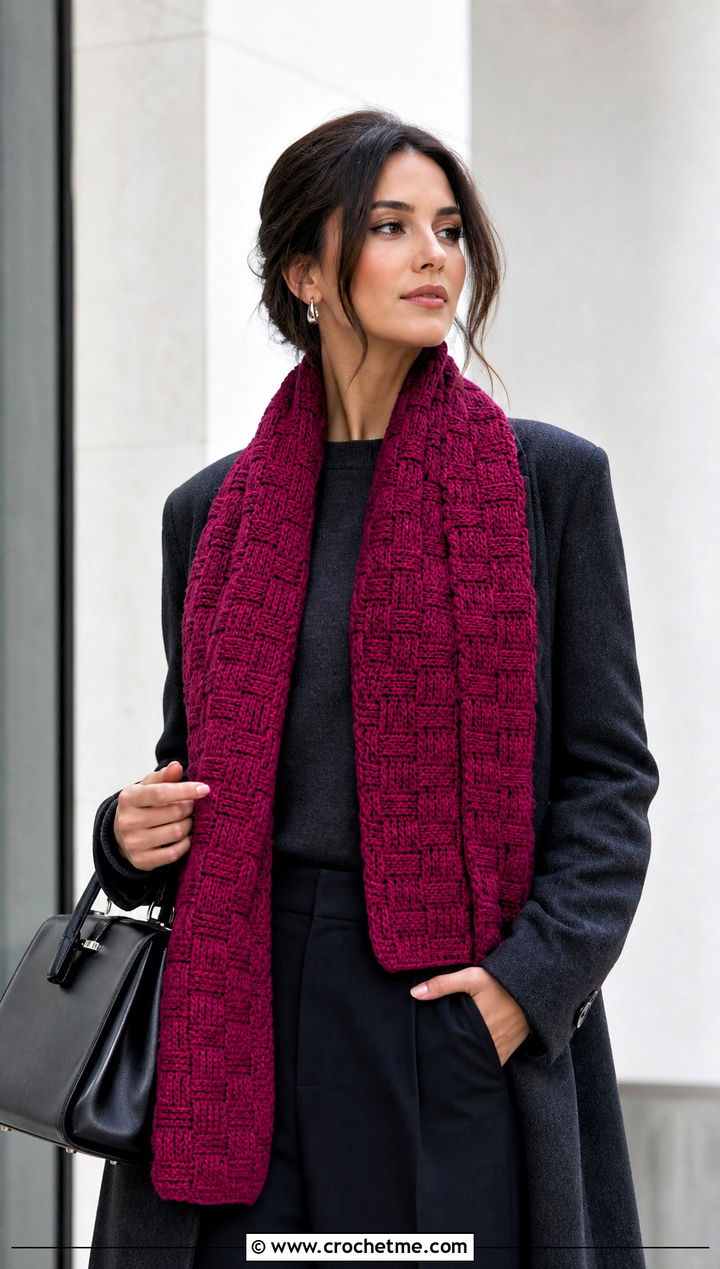 Basketweave Crochet Scarf With Monochrome Outfit - 15 Textured Crochet Scarf Design outfit ideas