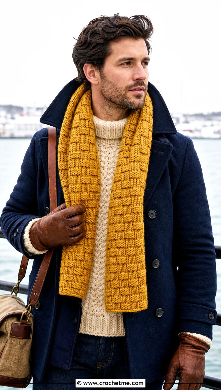 Basketweave Crochet Scarf With Peacoat - 20 Mens Winter Crochet Scarf outfit ideas