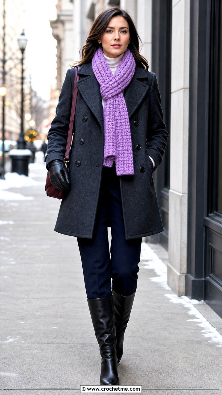 Basketweave Crochet Scarf With Peacoat And Boots - 35 beginner crochet scarf outfit ideas