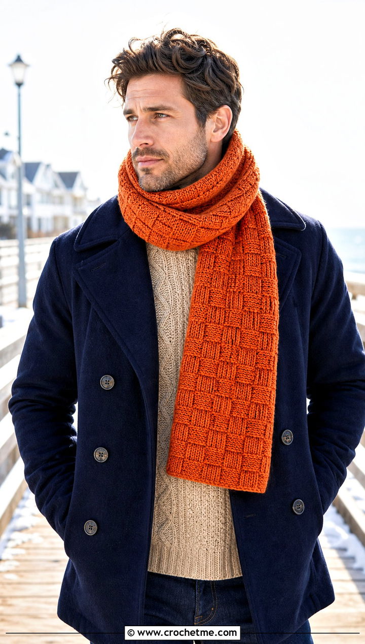 Basketweave Crochet Scarf With Peacoat - 30 Mens Crochet Scarf outfit ideas