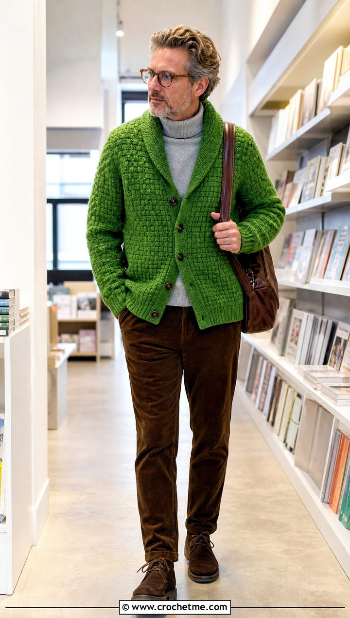 Basketweave Crochet Shawl Collar Cardigan With Corduroy Pants - 20 Mens Crochet Shawl Collar Cardigan outfit ideas