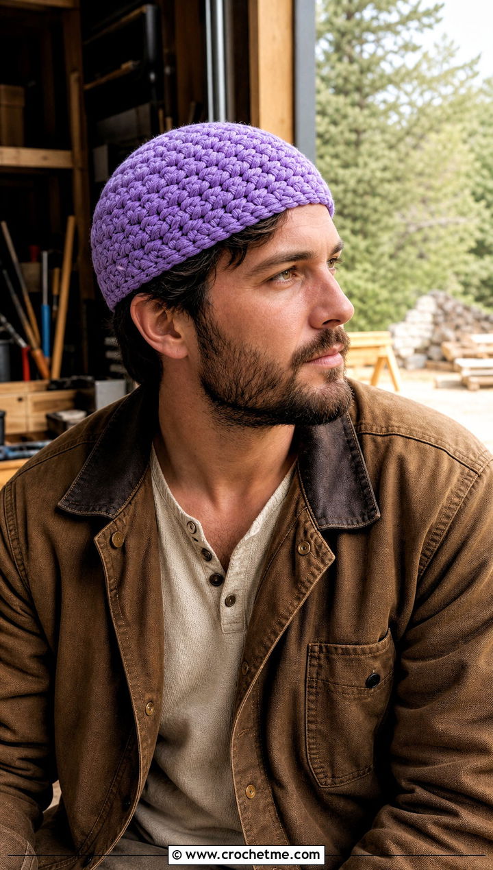 Basketweave Crochet Skull Cap With Work Jacket And Carpenter Pants - 25 Mens Crochet Skull Cap outfit ideas