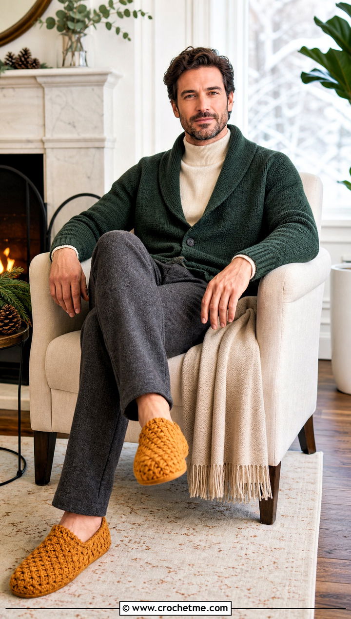 Basketweave Crochet Slippers With Shawl Cardigan And Wool Pants - 30 easy mens crochet slippers outfit ideas