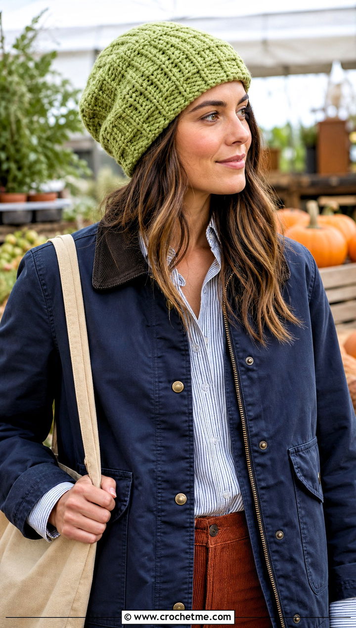 Basketweave Crochet Slouch Beanie With Barn Jacket - 35 crochet slouch beanie outfit ideas