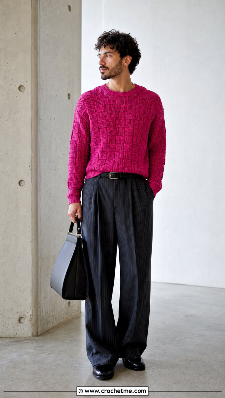 Basketweave Crochet Sweater With Pinstripe Pants - 30 male crochet sweater outfit ideas