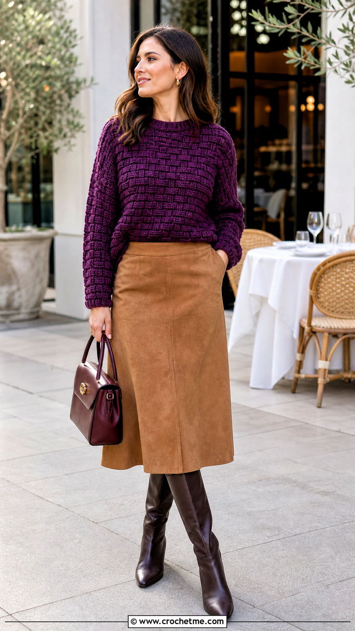 Basketweave Crochet Sweater With Suede Midi Skirt - 35 crochet loose sweater outfit ideas