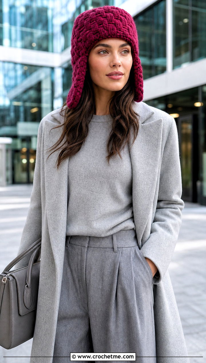 Basketweave Crochet Ushanka With Monochrome Outfit - 35 crochet russian hat outfit ideas