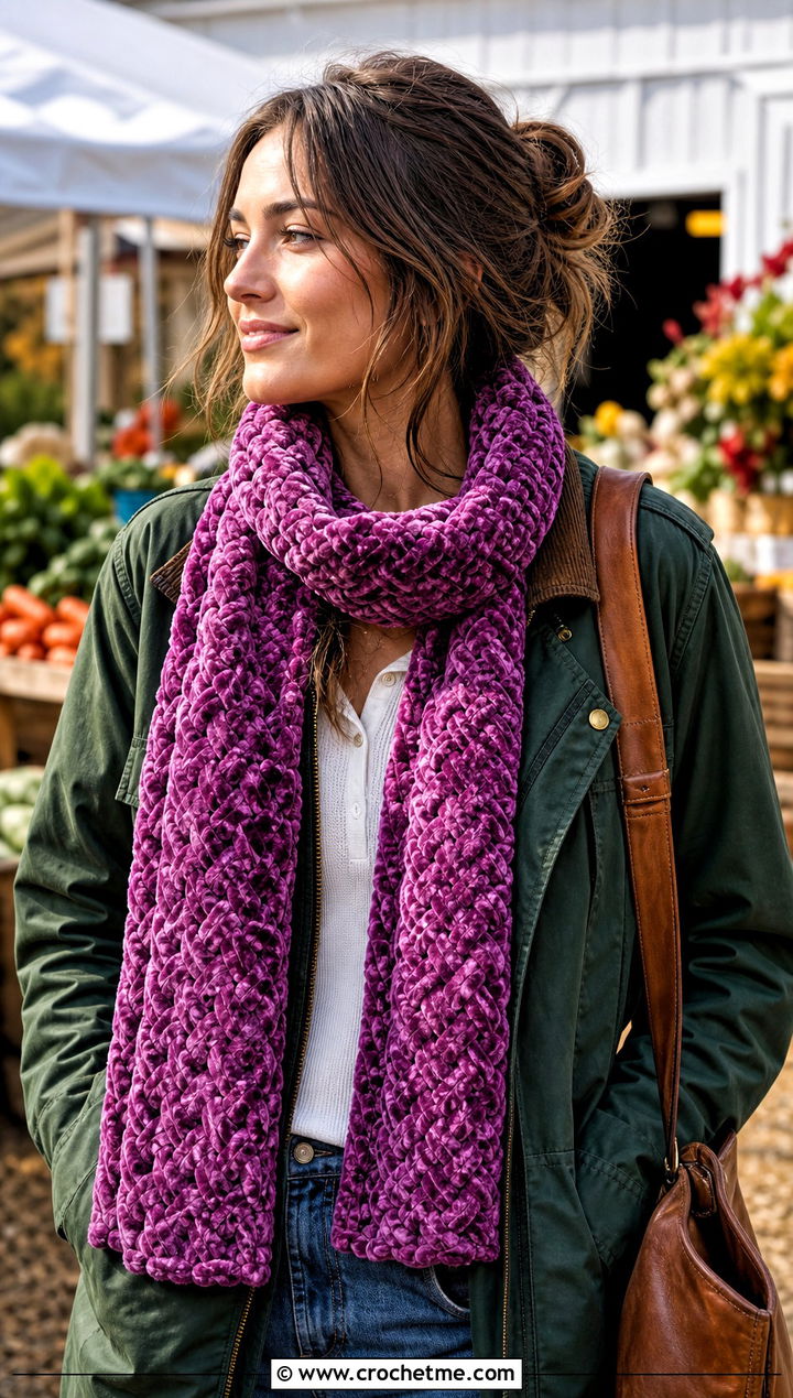 Basketweave Crochet Velvet Scarf With Barn Jacket - 25 Crochet Velvet Scarf outfit ideas