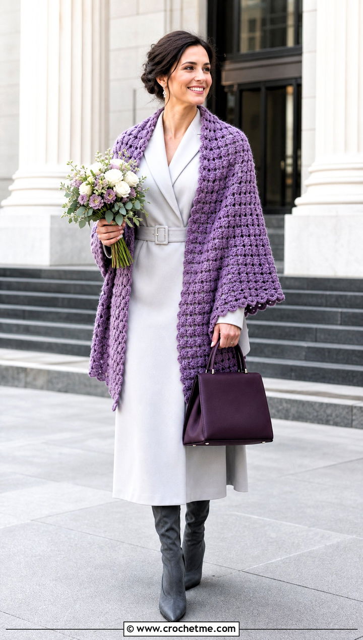 Basketweave Crochet Wedding Shawl With Coat Dress - 35 crochet wedding shawl outfit ideas