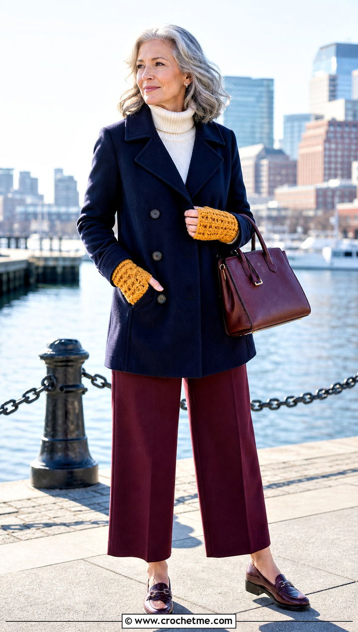 Basketweave Crochet Wrist Warmers With Peacoat - 35 crochet wrist warmers outfit ideas