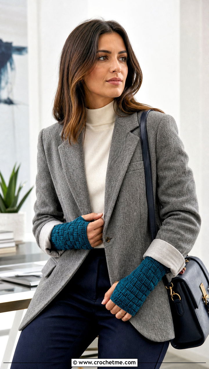 Basketweave Crochet Wrist Warmers With Wool Blazer - 30 easy crochet hand warmers outfit ideas