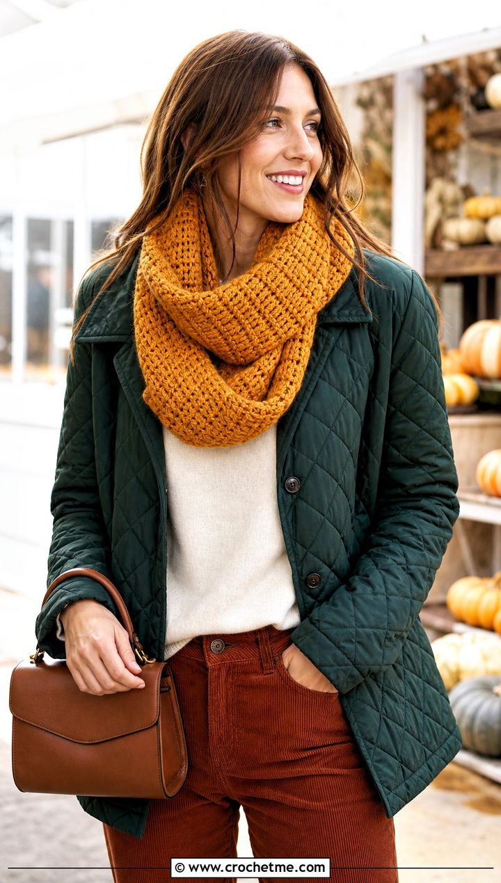 Basketweave Crocheted Infinity Scarf With Quilted Jacket - 25 Crocheted Infinity Scarf outfit ideas