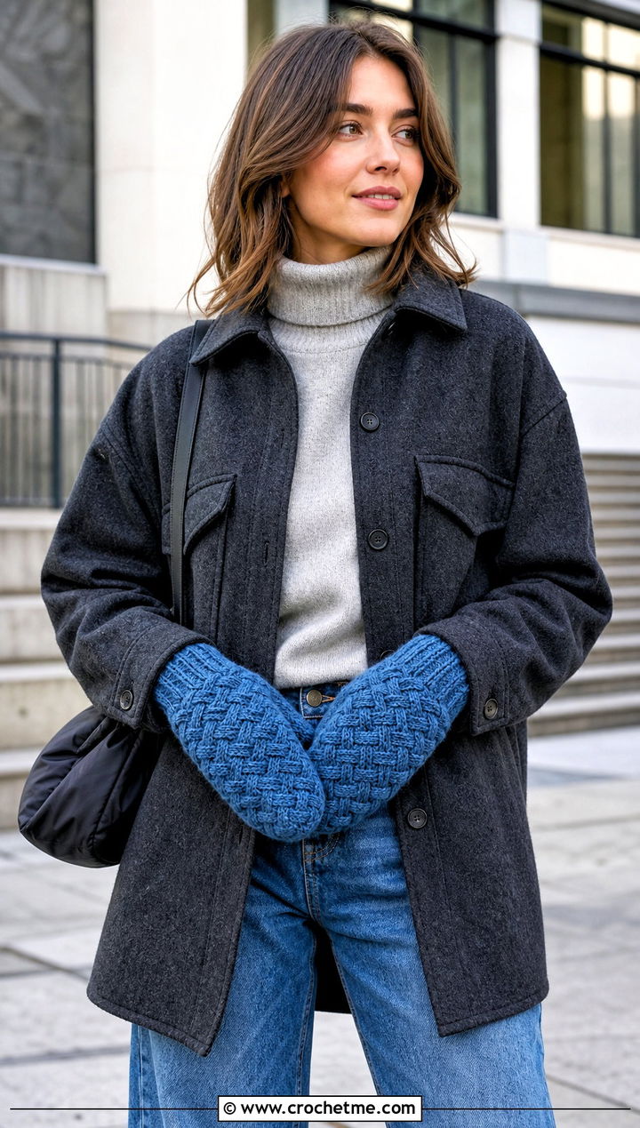 Basketweave Crocheted Mittens With Wool Overshirt - 30 Crocheted Mittens outfit ideas