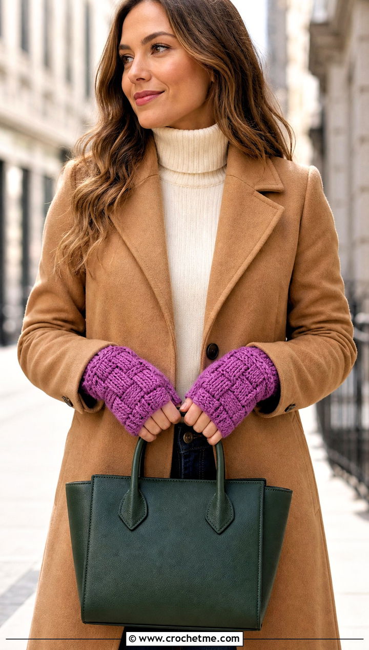 Basketweave DK Yarn Crochet Fingerless Gloves With Camel Coat - 25 dk yarn crochet fingerless gloves outfit ideas
