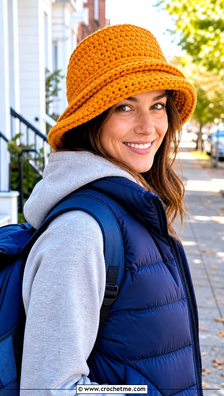 Basketweave Double Brim Crochet Hat With Puffer Vest - 20 Double Brim Crochet Hat outfit ideas