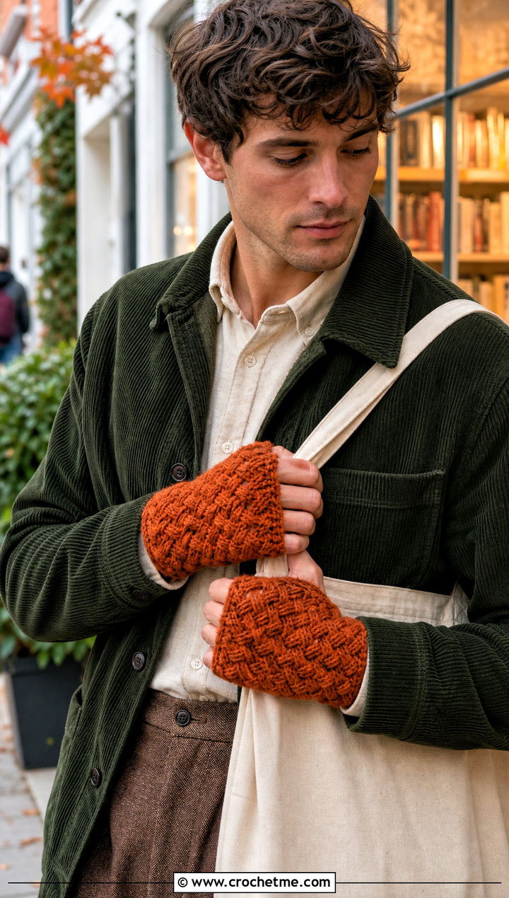 Basketweave Fingerless Gloves With Corduroy Jacket - 25 Crochet Mens Fingerless Gloves outfit ideas