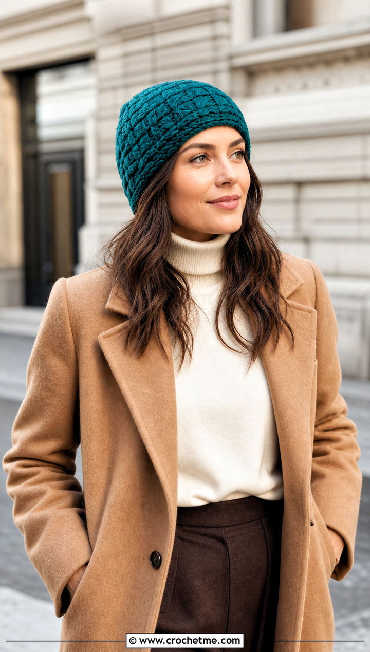 Basketweave Fisherman Crochet Beanie With Wool Coat - 15 Crochet Textured Beanie outfit ideas