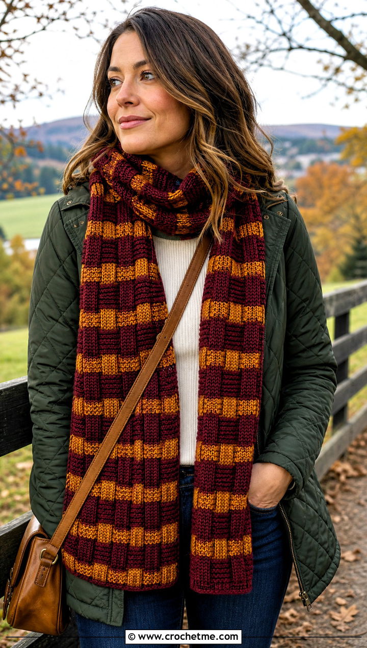 Basketweave Gryffindor Crochet Scarf With Quilted Jacket - 25 gryffindor crochet scarf outfit ideas