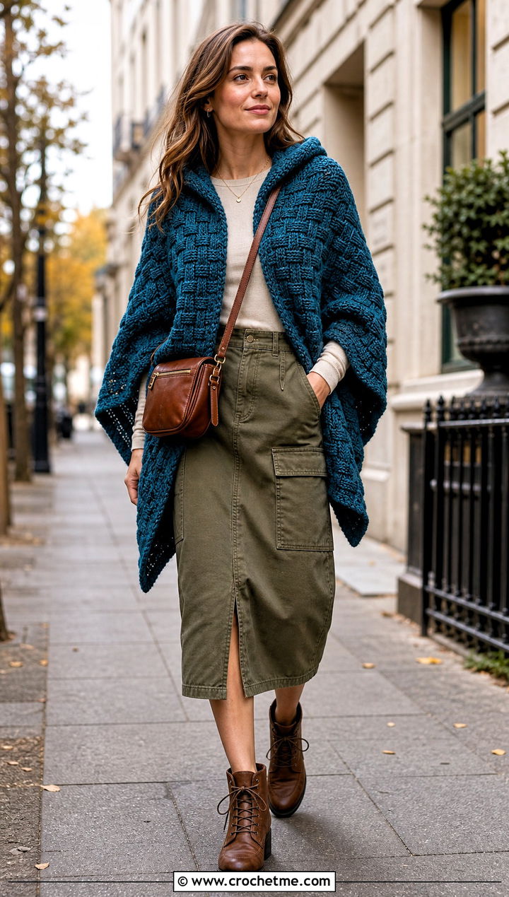 Basketweave Hooded Poncho With Utility Skirt - 35 Crochet Hooded Poncho outfit ideas