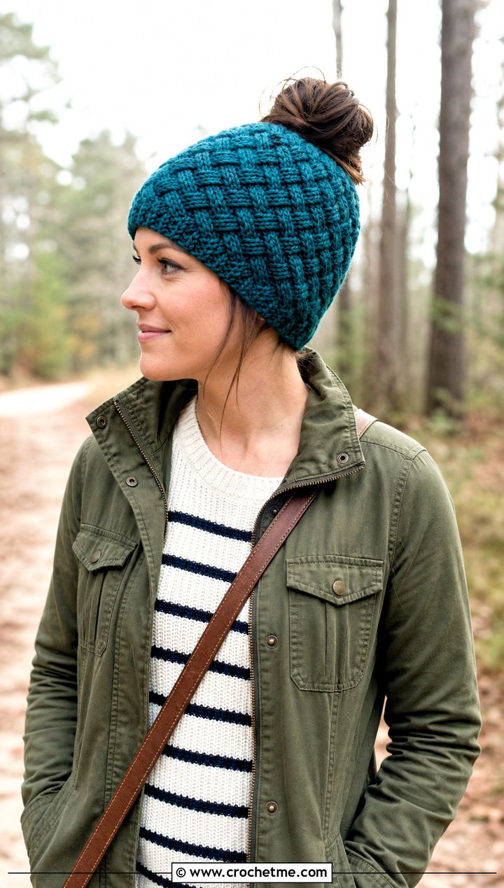 Basketweave Messy Bun Crochet Beanie With Utility Jacket - 30 easy messy bun crochet beanie outfit ideas