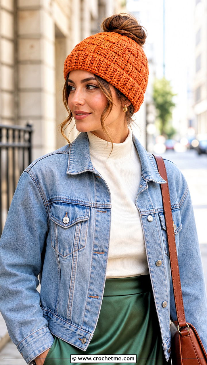Basketweave Messy Bun Crochet Hat With Denim Jacket And Midi Skirt - 25 Easy Messy Bun Crochet Hat outfit ideas