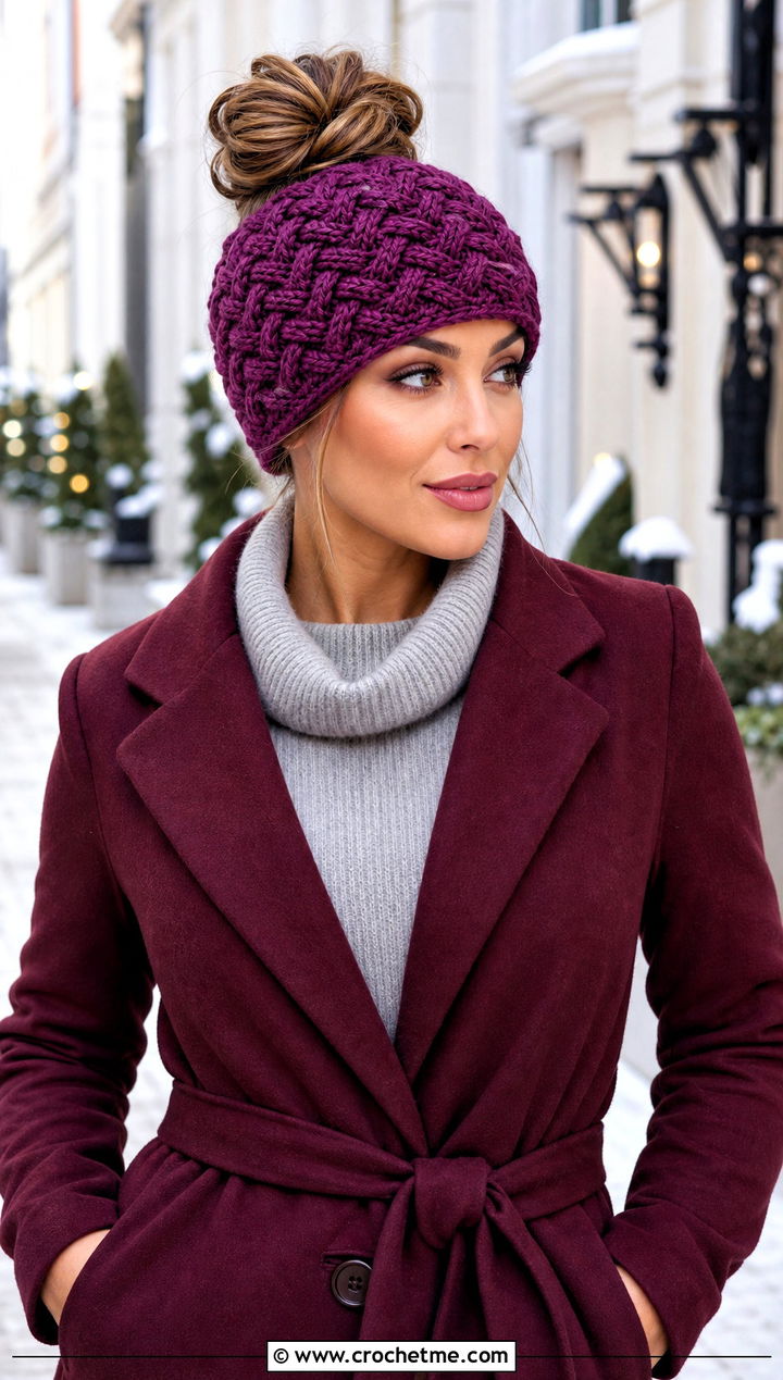 Basketweave Messy Bun Crochet Hat With Sweater Dress - 25 messy bun crochet hat with hair tie outfit ideas